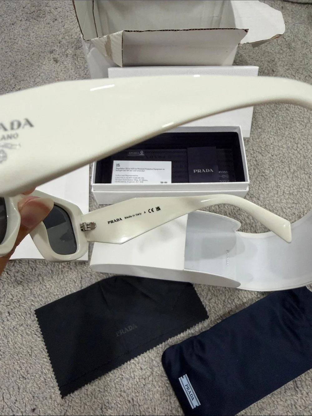 Prada White Rectangular Sunglasses with Dark Lenses 0PR 17WS Talc Smoke Grey
